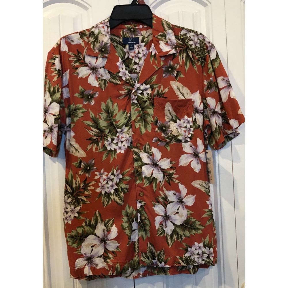 George Men's S Red Floral Hawaiian Shirt 100% Viscose Tropical Aloha Vacation